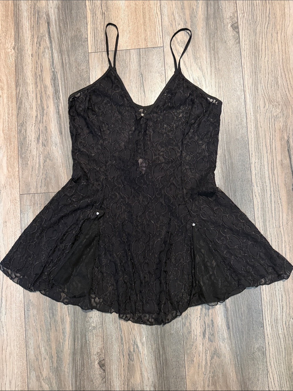90s Black Lace Spaghetti-Strap Chemise with Flared Hem